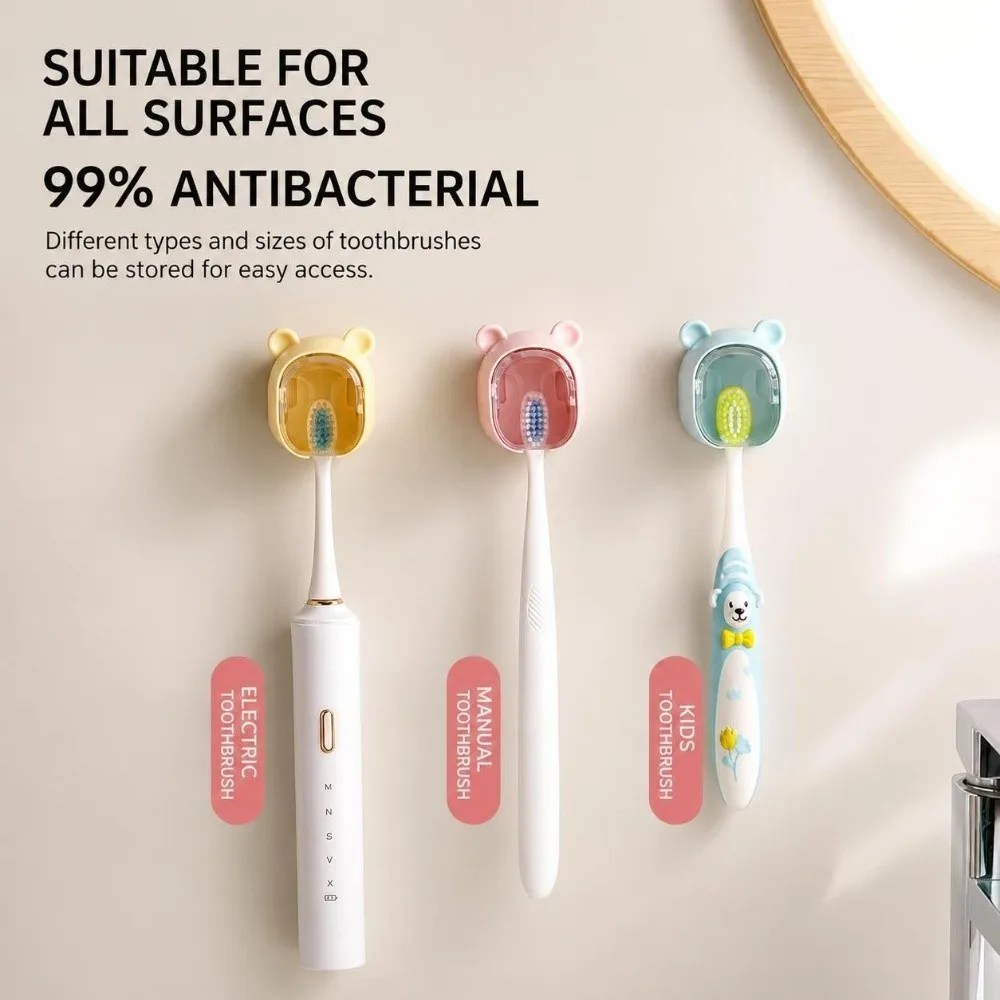 Durable Bear Shape Toothbrush Holder Dustproof Wall Mounted Toothbrush Rack Flip-top Electric Toothbrush Stand Home Storage