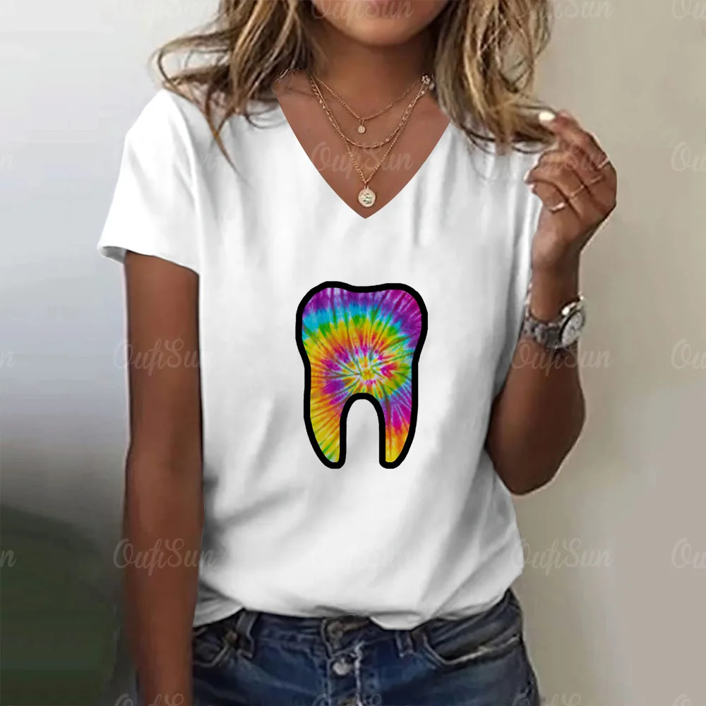 Tooth And Dentist Graphic Aesthetic Women Funny Print Ladies T-Shirt Girl Y2k Harajuku Basis V-Neck White Shirt Short Tops