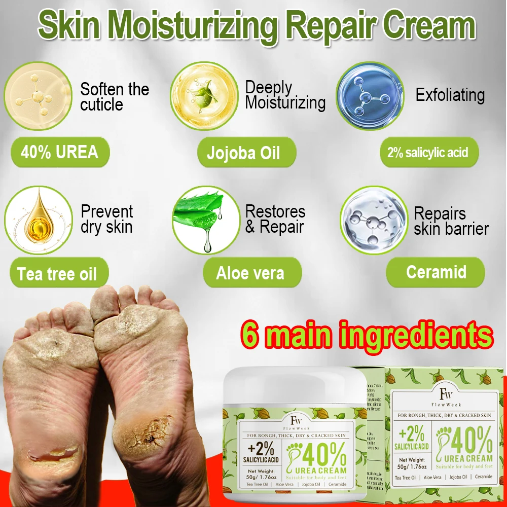 FlowWeek Urea 40% Cracked Heels Foot Cream, Salicylic Acid, Cracked Heels Repair Callus Remover, Nail Repair Urea Cream