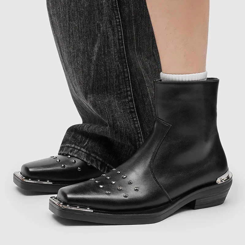 mens fashion punk gothic high chelsea boots designer square toe rivets shoes cowboy natural leather boot cool ankle botas hombre