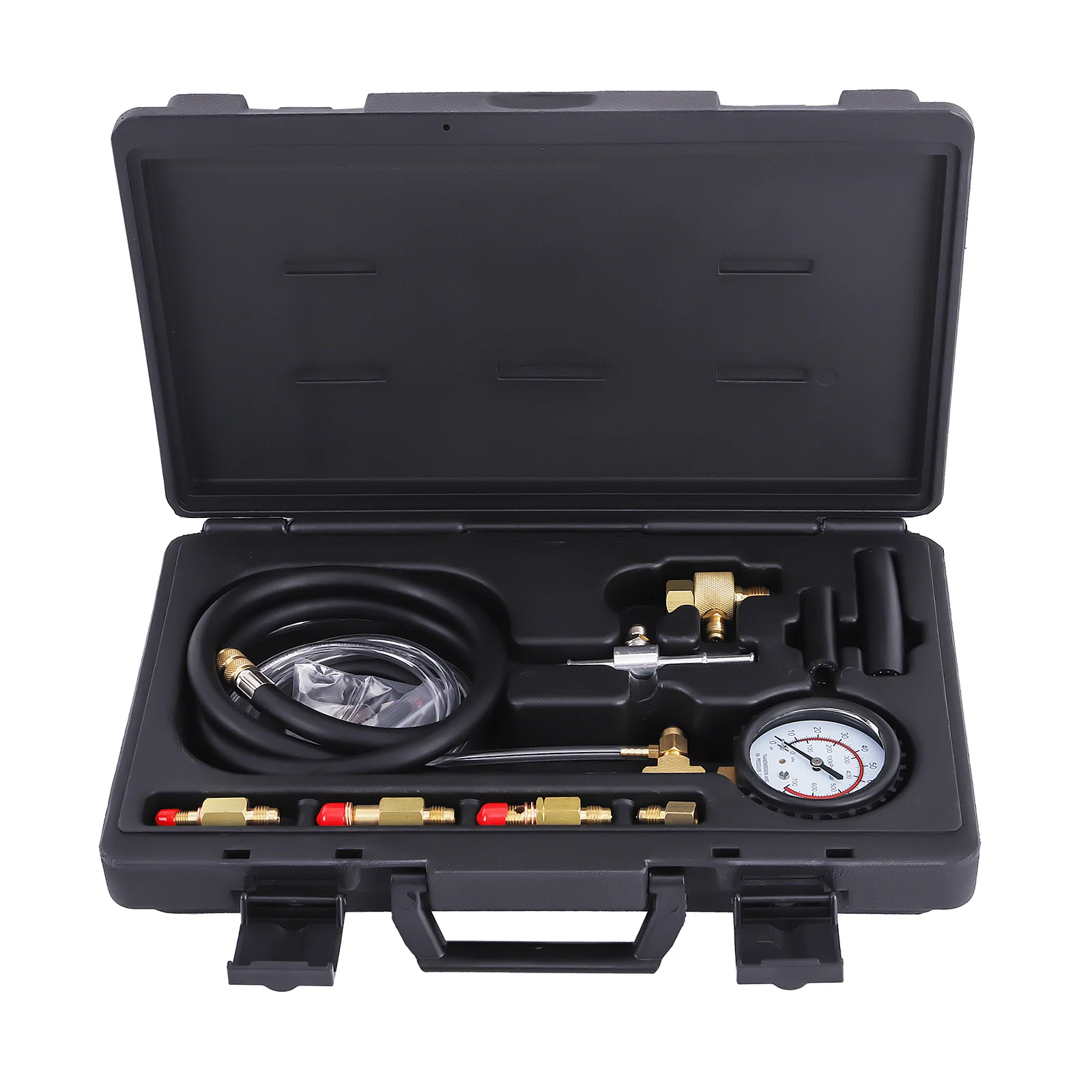 

100 PSI Gasoline Fuel Injection Pump Pressure Gauge Hoses Adapters Tool Kit
