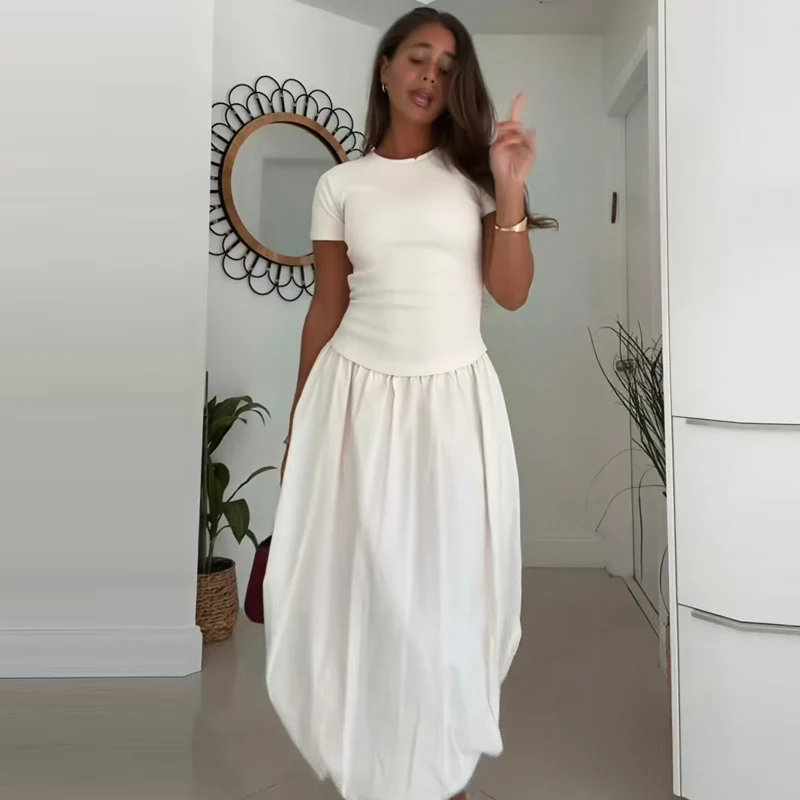 HXAO 2025 فساتين بالون نسائية صيفية أنيقة للحفلات المسائية فساتين طويلة أوف وايت مرقعة بأكمام قصيرة فستان أنيق #6