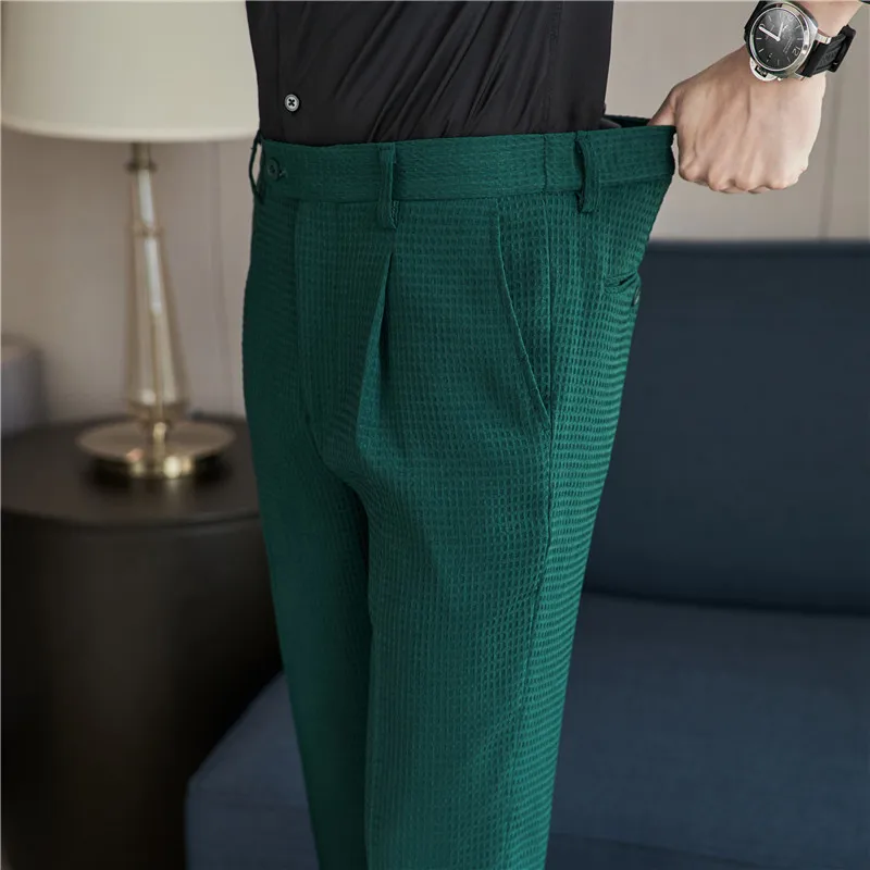 Waffle Casual Suit Pant 2023 Spring Men Elastic Waist Formal Classic Pants Green Black White Office Social Slim Trousers Homme