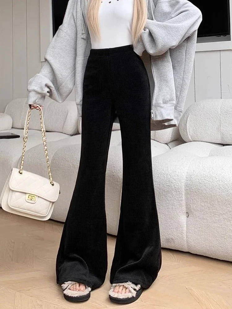 Vintage Black Corduroy Flare Pants Women Casual Elastic High Waist Trousers Female Fall Winter Simple Design Streetwear Pants