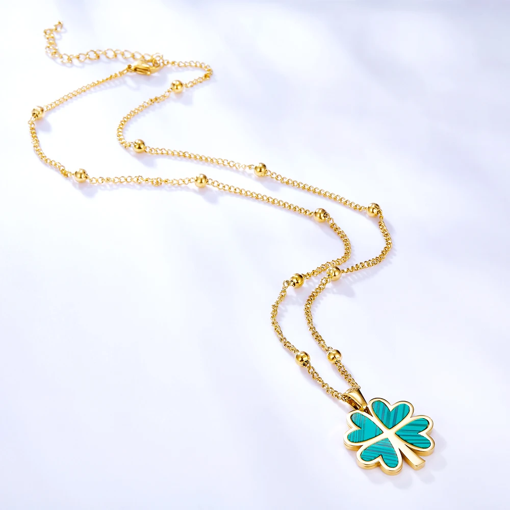 ASONSTEEL Pendant Necklace Green Four-Leaf Clover Charm Trendy Necklace Gold Color Stainless Steel 45+5cm For Women Daily Choker