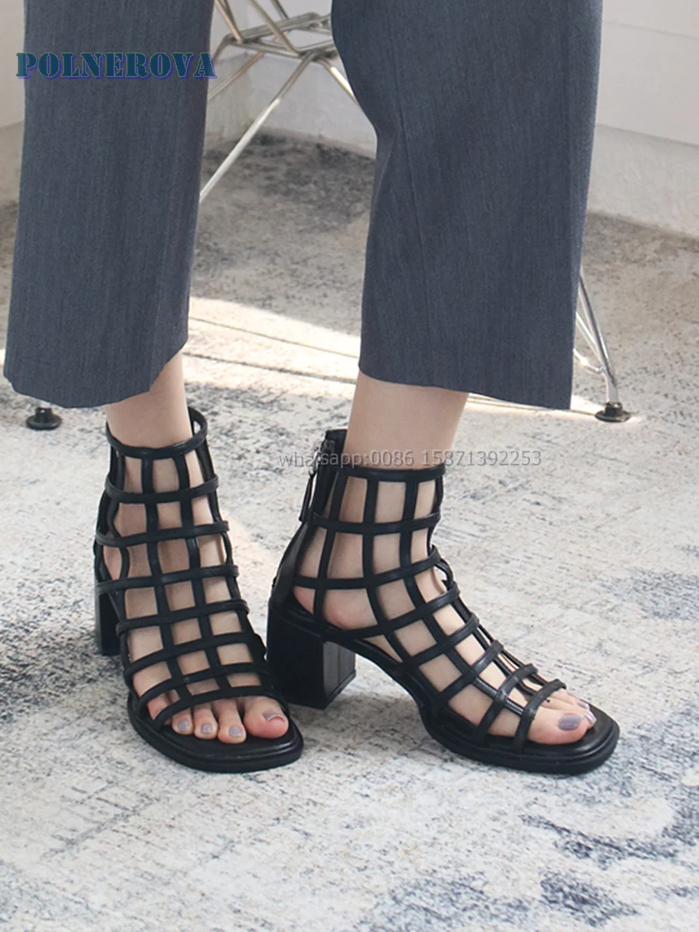 Mesh Hollow Out Rome Sandals Open Toe Square Heel Cover Heel Zip Woven Women Gladiator Sexy Solid Casual Shoes 2024 Trend Summer