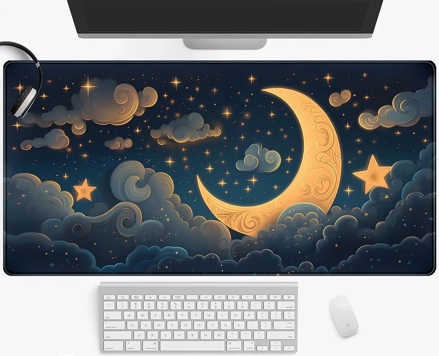 

Moon Cute Black/Gold Space Cloud Desk Pad Full Desk Gaming Pad Large Sewn Edge Mouse pad Women Desk Accessories 31.5"x11.8" inch