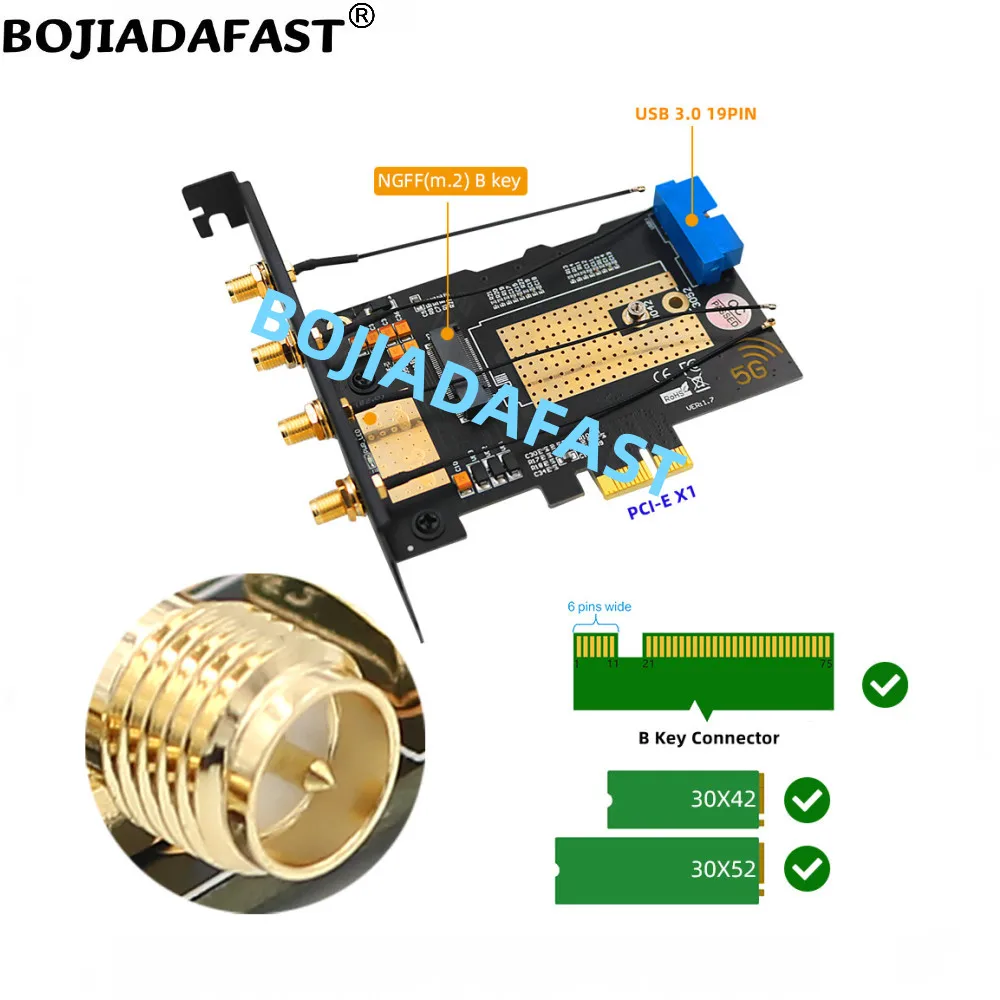 PCI-E 1X PCIe X1 To NGFF M.2 B-Key Wireless Adapter Card Dual Nano SIM Slot For 5G 4G LTE WWAN GSM Module Modem
