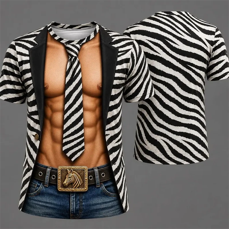 Men Funny 3D Optical Illusion Muscle Body Print Short Sleeve T‑Shirt Full All Over Graphic Underwear Pattern Costume For Beach
