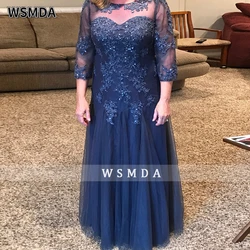 Formal Wedding Party Mother Of The Bride Dresses A-line 3/4 Sleeves Tulle Appliques Plus Size Long Groom Mother Dresses