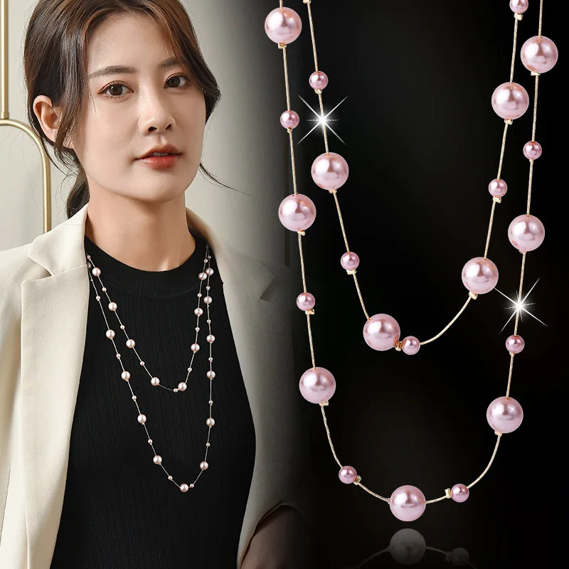 2024 New Simulated Pink Pearl Long Necklace Collar Fashion Women Double Layer Necklaces & Pendants Jewelry Chain Bijoux Gifts