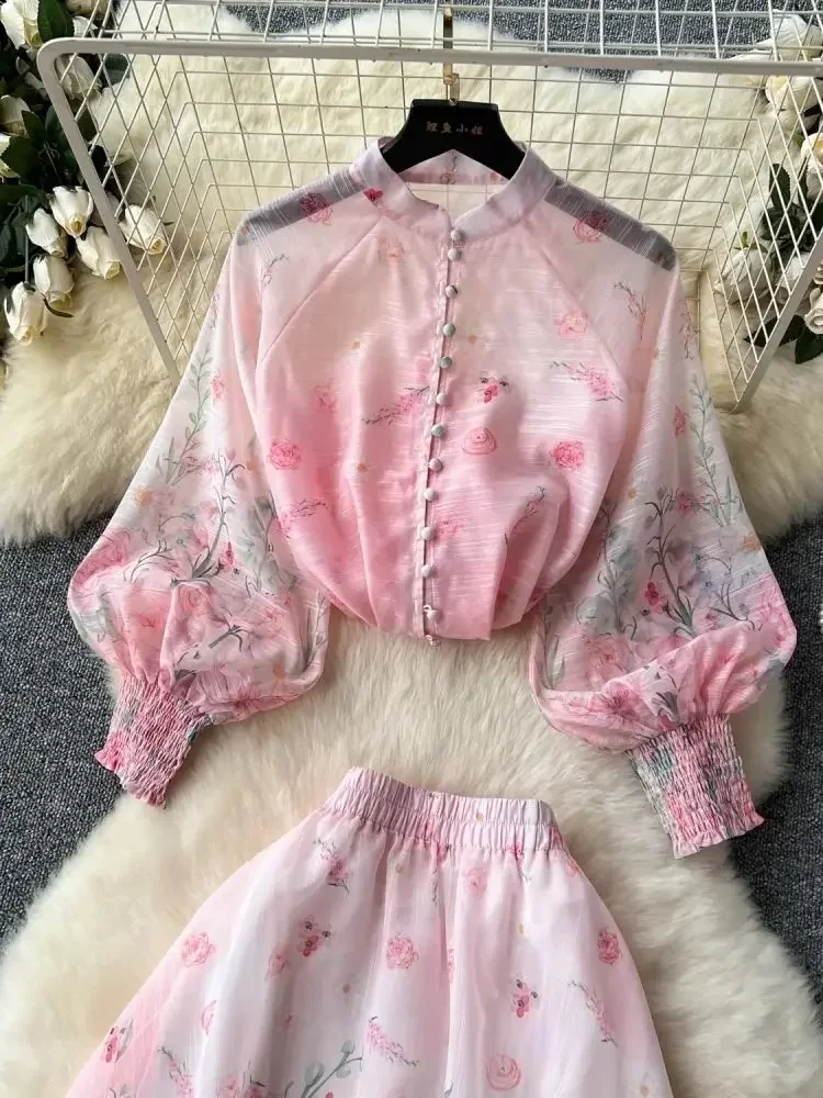 Summer Holiday Organza Gorgeous Flower 2 Piece Set Women Long Lantern Sleeve Shirt Blouse and Elastic Waist A Line Skirt Suit