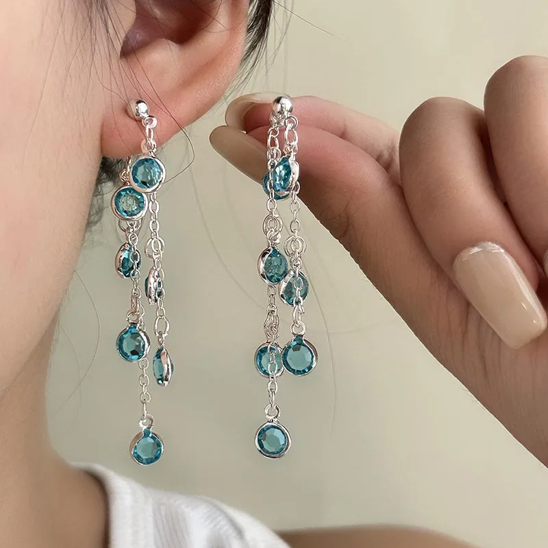 Blue Purple Color Zircon Water Drops Tassel Earrings for Women Fashion Chic Front Back Hanging Earing Versatile Handmade Jewelry