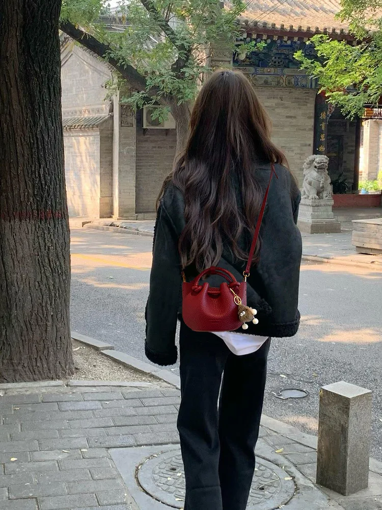 2026 New Mini Bucket Bag for Women Lightweight Crossbody Bag with Plush Charm Casual PU Leather Handbag - view 5
