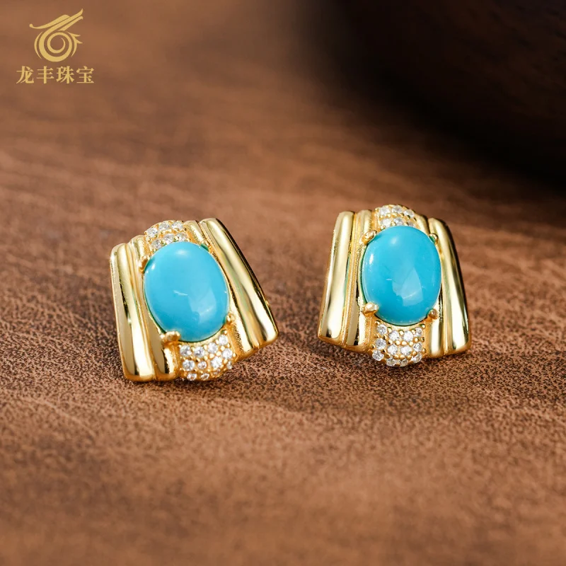 18K Gold Plated Natural High Porcelain Green Turquoise Oval Women's Earrings
