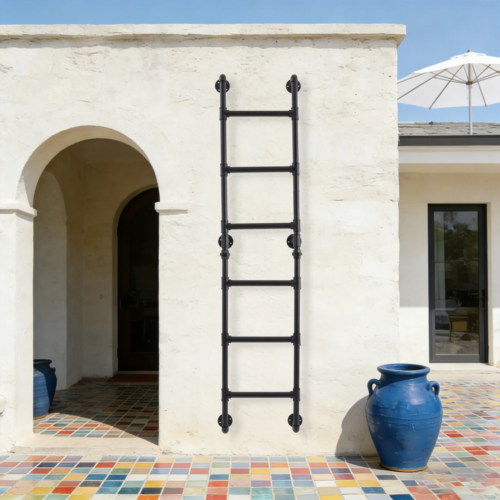 

Black 6-Rung Wall Mounted Step Ladder 195cm/76.8in Height - Durable Home Improvement Ladder for Easy Wall Access