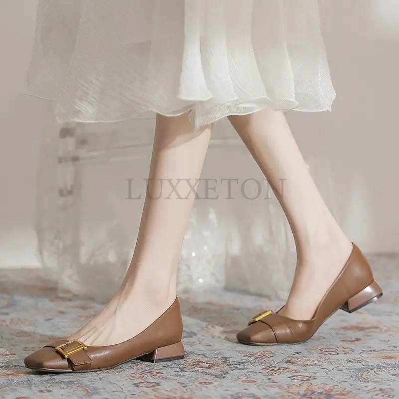 

3cm Women Pumps Med Heel Square Toe Pumps Office Lady Leahter Shoes Shallow Belt Buckle Loafer Soft Soles Slip on Shoes