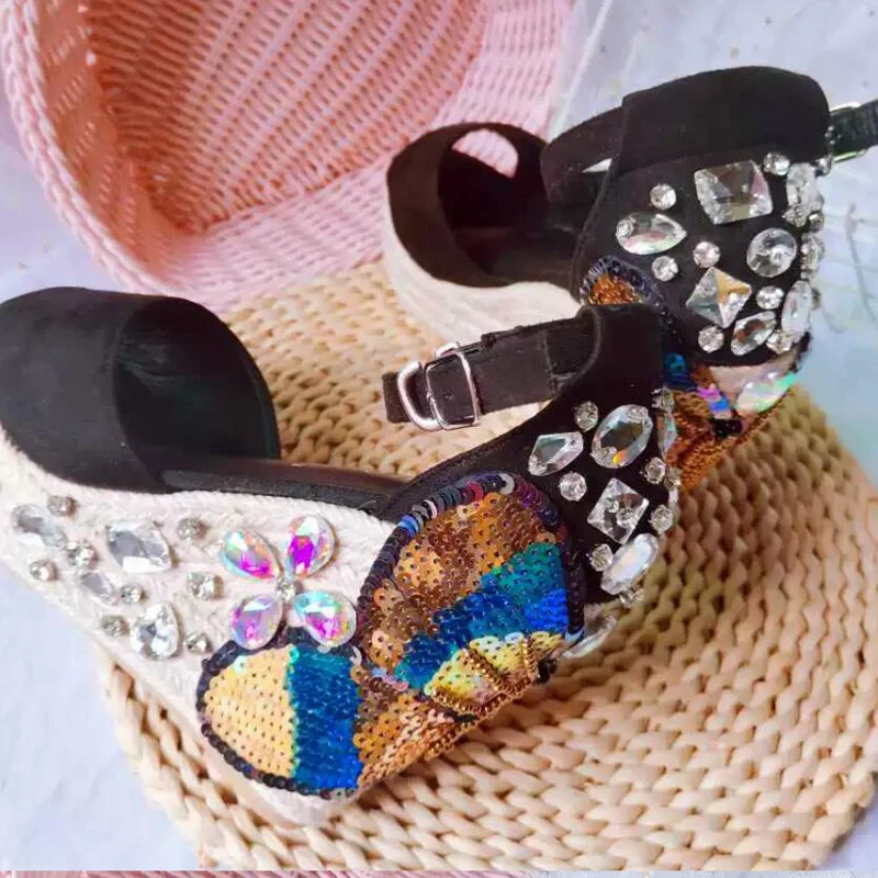 Bling Diamond Butterfly Sequins Rope Braided Wedge Heel Platform Sandals Peep Toe Crystal Vacation Bohemia Shoes for Women