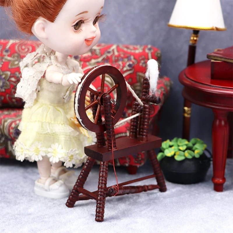 Mini Spinning Wheel Miniature Dollhouse Furniture Wooden Vintage Models for Doll House Accessories Photo Props Party Toy