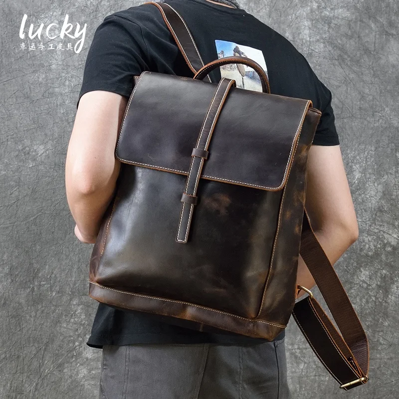 

Designer Vintage Casual Men Laptop Bag Stylish Crazy Horse Men Leather Backpack For Daily Life
