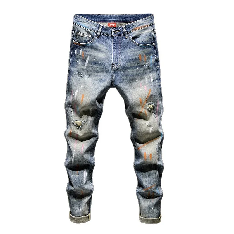 

Y2K Designer Fashion Men Jeans Retro Blue Splashed Painted Ripped Jeans Men Street Style Stretch Slim Fit Vintage Denim Pants