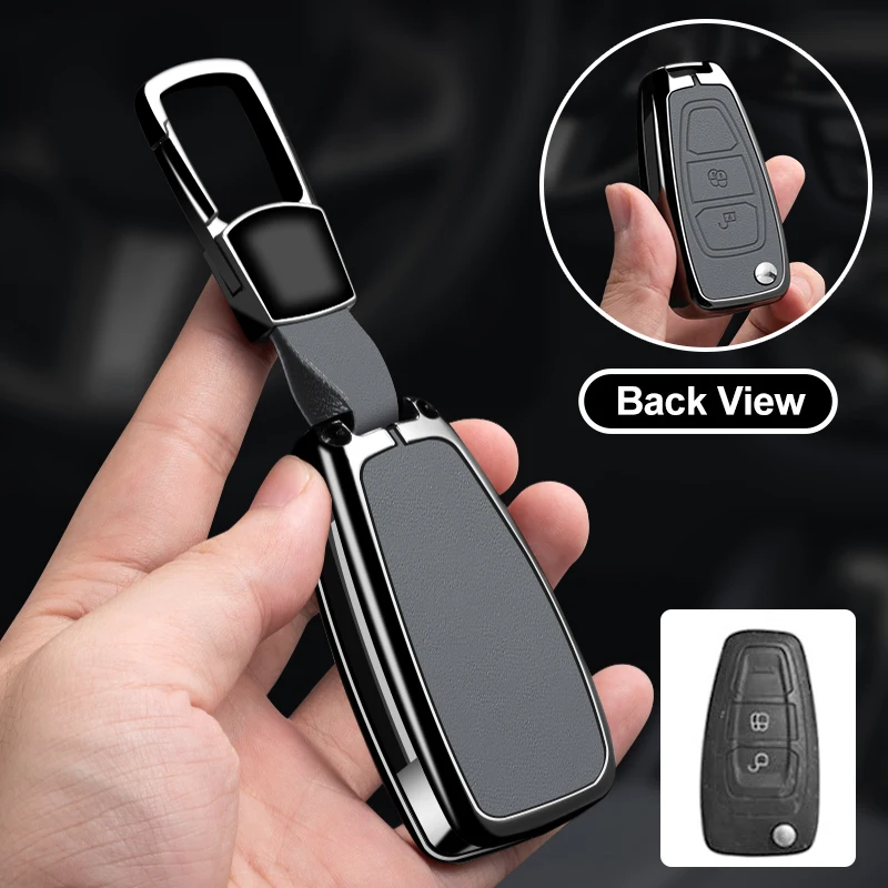 Leather Car Key Case Cover Metal Protector Shell for Ford Ranger C-Max S-Max Focus Galaxy Mondeo Transit Tourneo Ecosport