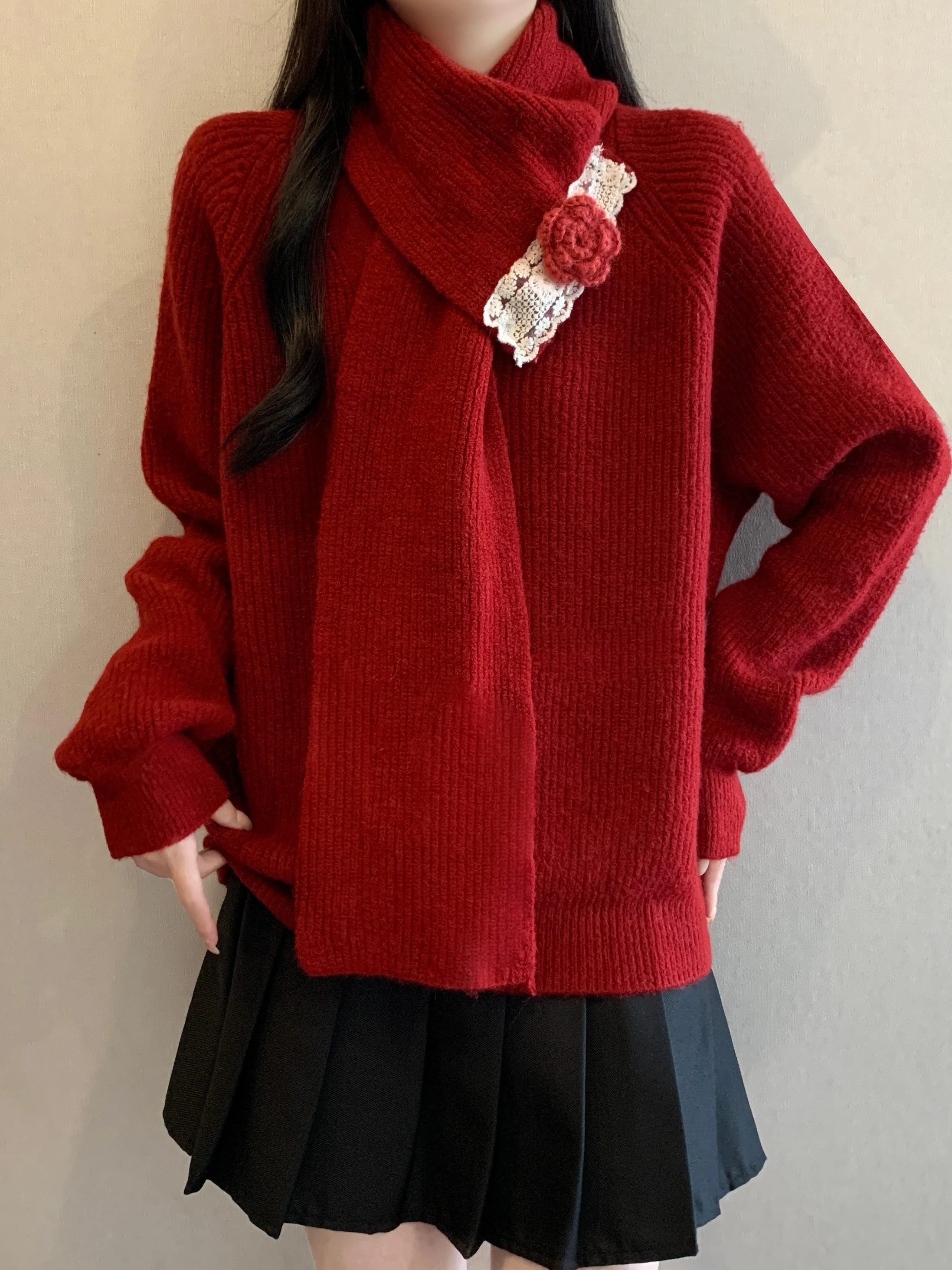 レッド-取り外し可能なスカーフ付き-ネ-ウォーマー-レディース-セーター-シサス-新年衣装-大きいサイズ-快適-冬-ファッション-通勤-スレ