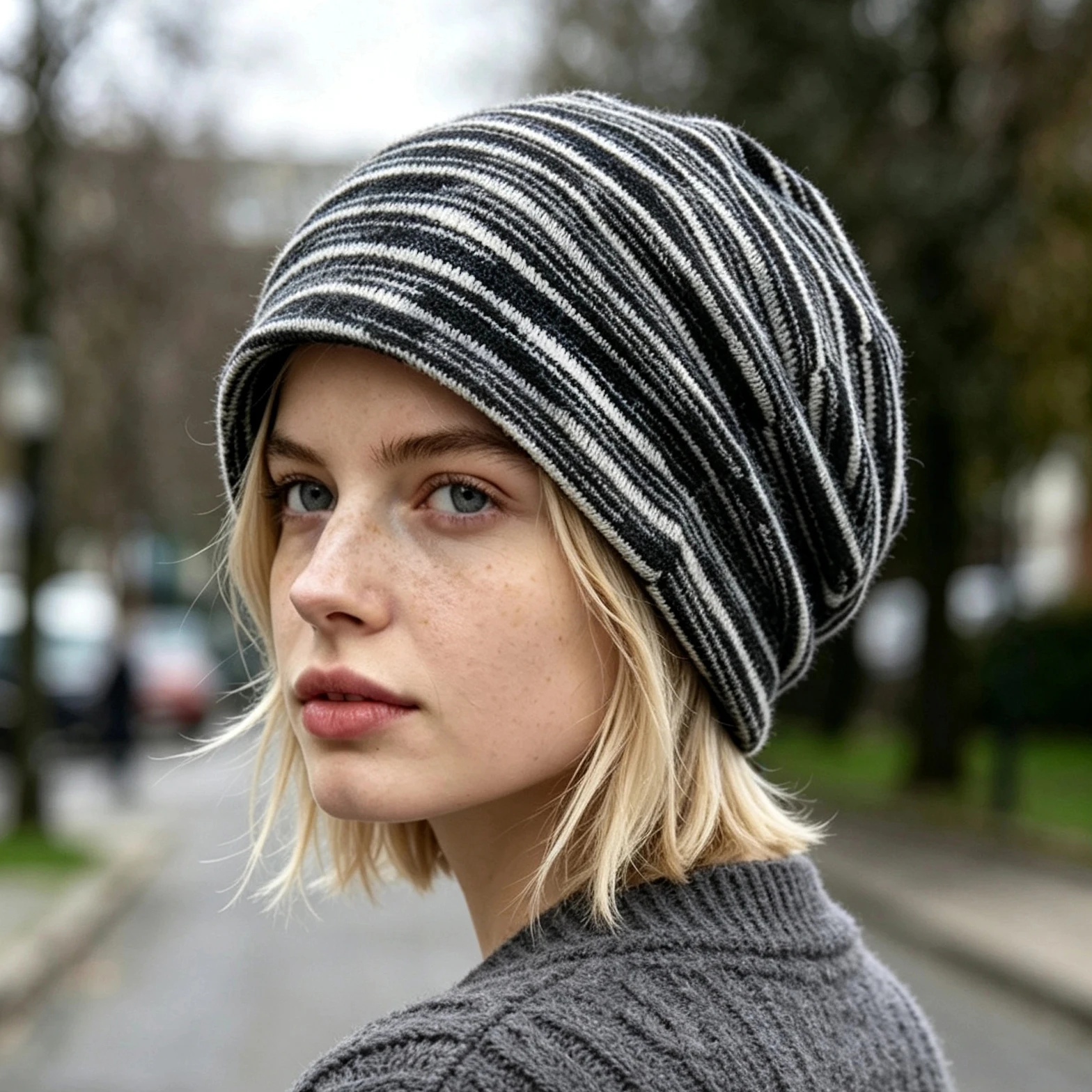 Unisex Vintage Marled Striped Knit Slouchy Beanie Hat Soft Fabric Lined Elastic Winter Casual Skull Cap for Daily Outdoor Wear