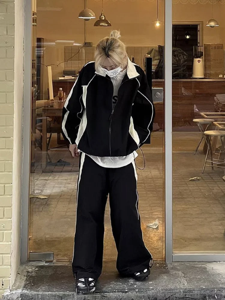 Vintage Y2K Black Joggers Set Women Retro Streetwear Hip Hop Tracksuit Oversize Zipper Sports Jacket Harajuku Sweatpants Suits