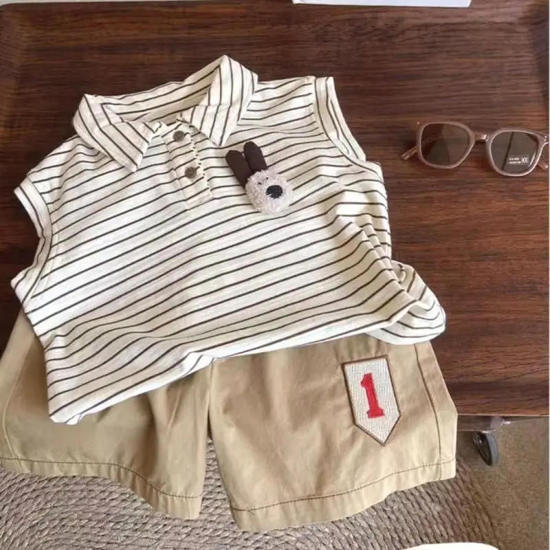 

New Summer Suit For Baby Boys Korean Style Lapel Striped Sleeveless Vest + Casual Shorts 2-piece Set