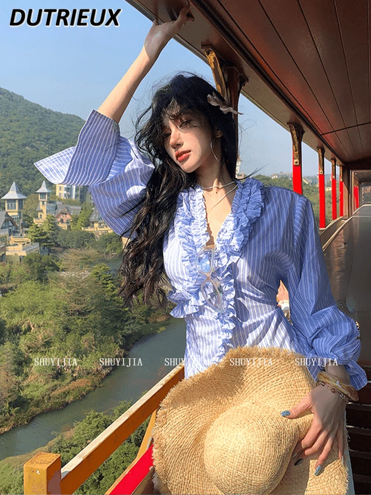 

Spring Summer Spice Girl Design Sense Lace Striped Long Sleeve Shirt Women's Vacation Style Niche V-neck Waist Slimming Tops