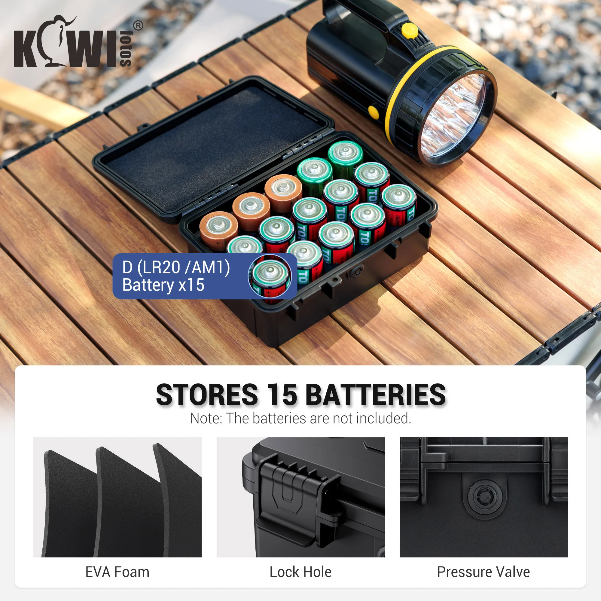 Organizador de batería tipo D de 15 ranuras, estuche de almacenamiento resistente al agua IP67, soporte para baterías alcalinas de celda LR20/D/AM1 para exteriores