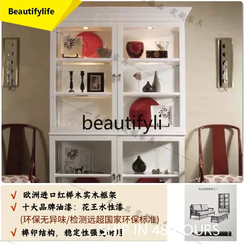 

6239 French Retro Solid Wood Wine Cabinet Large Capacity Glass Display Light Luxury Bookshelf Sideboard