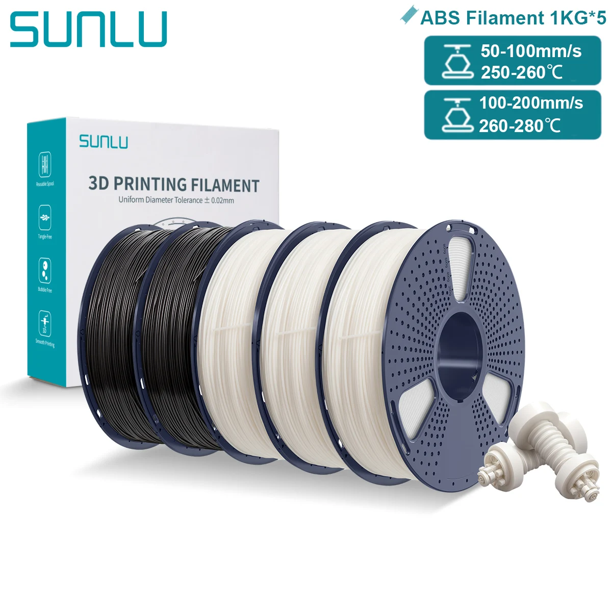 SUNLU ABS 3D-filament 5x1KG 1,75 mm Hoge sterkte Robuust Duurzaam 100% geen bubbels Premium printmateriaal voor FDM 3D-printers