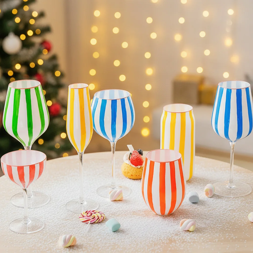 Creative Design Sense Home Crystal Hand-painted Striped Unique Color Wine Glass Set with Multiple Wine Glasses