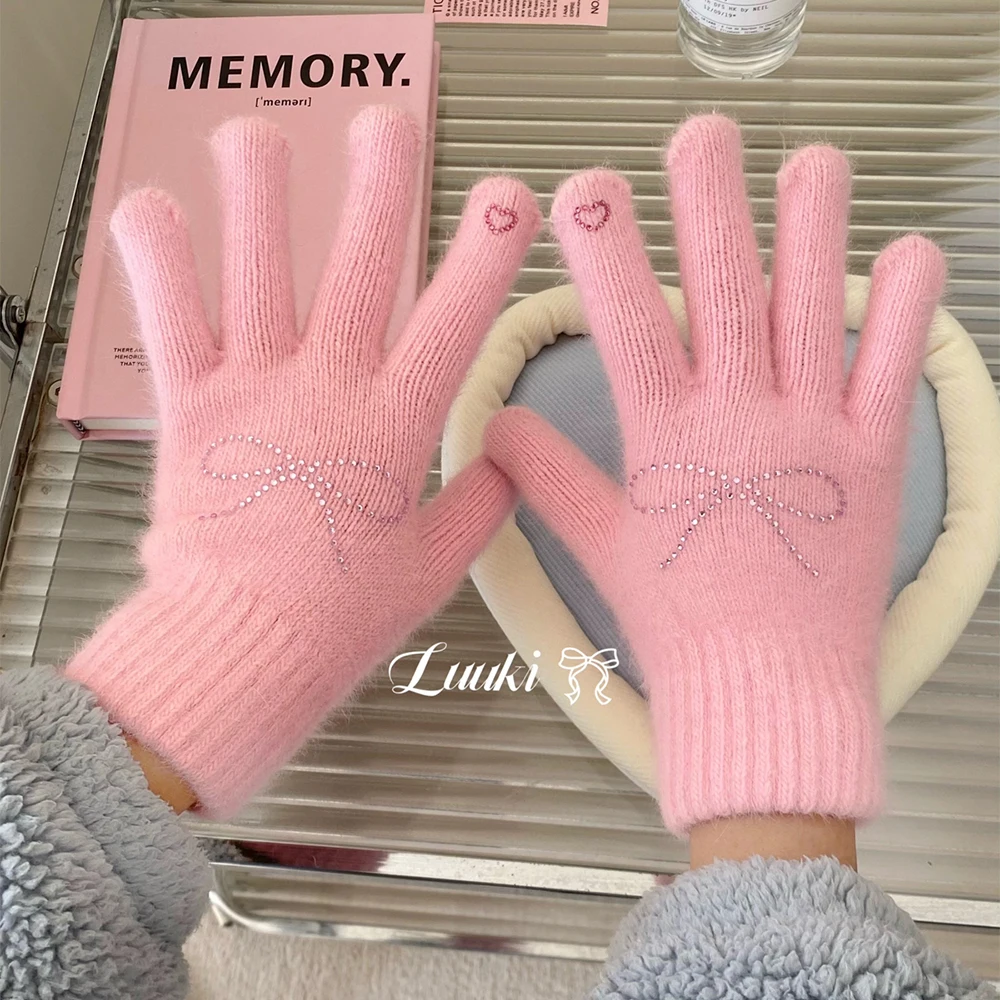 Cartoon Kawaii Gloves Sticking Water Diamond Plush Adult Warm Five Finger Gloves Cute Sweet Girl Hand Protector Festival Gift