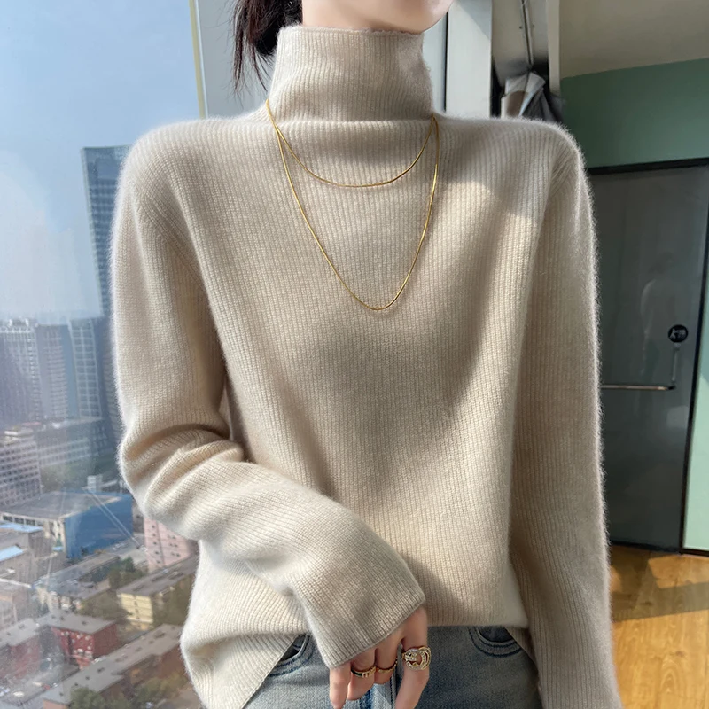 

100% Merino wool sweater winter knitted solid color high-necked long-sleeved warm cashmere pullover Joker bottoming pullover