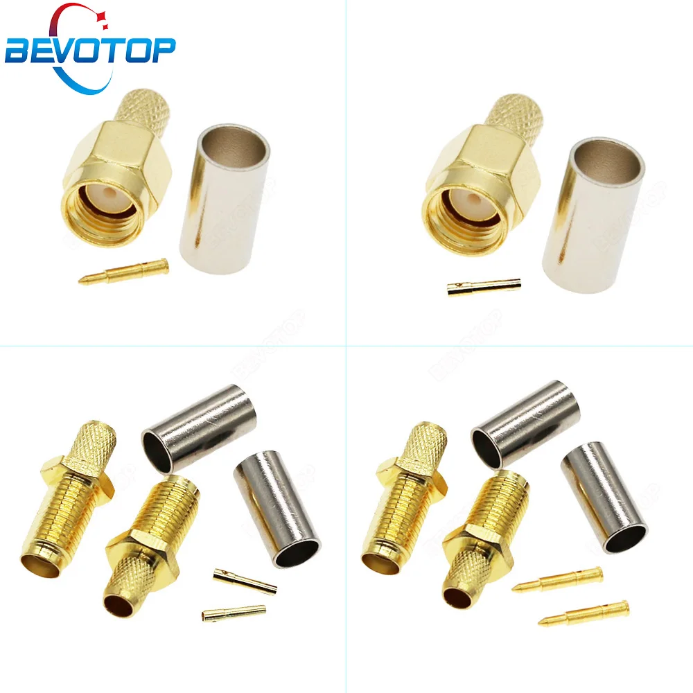 10pcs/lot SMA Male/Female Crimp RG58 RG142 LMR195 RG400 Cable Straight RF Connector Gold Plated 50 Ohm BEVOTOP