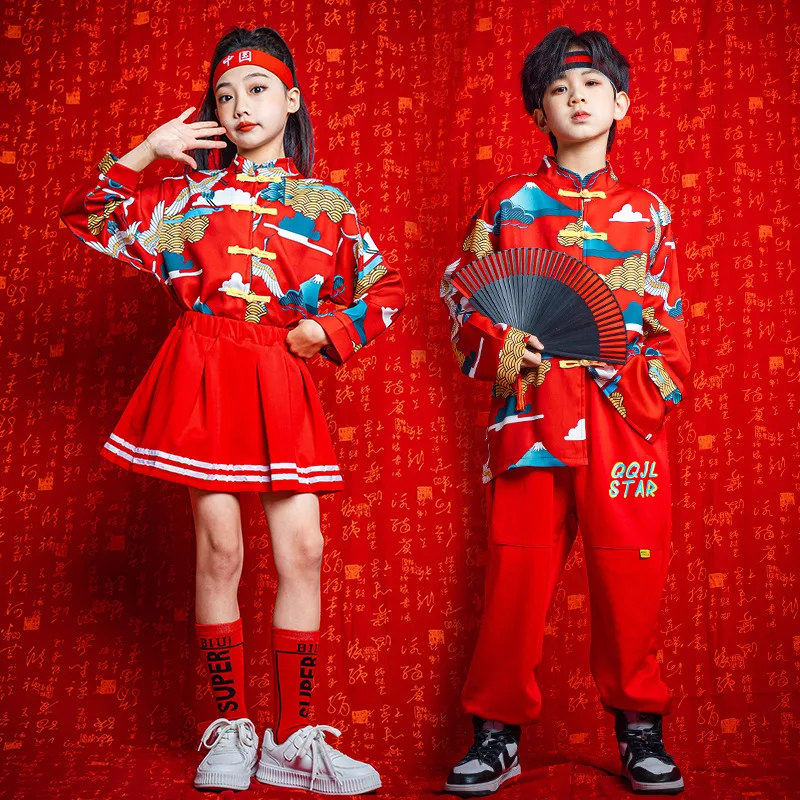 Childrens Hip Hop Dance Performance Costumes Girls Chinese Style Red Hanfu Cheongsam Boys Cheerleader Pants