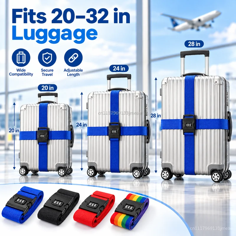 3 Digit Combination Lock Luggage Strap Anti-theft Adjustable Heavy Duty Suitcase Belt Travel Baggage Strap for 20-32 Inch Nylon