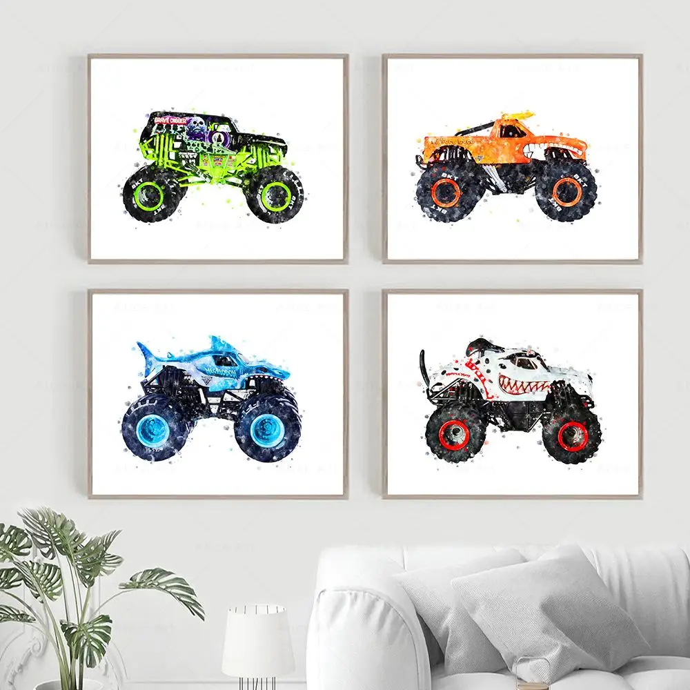 1PC  Retro Monster Truck Watercolor Print Monster Toy Car Wall Art Canvas Painting Child Birthday Gift Poster Nursery Boys Ro