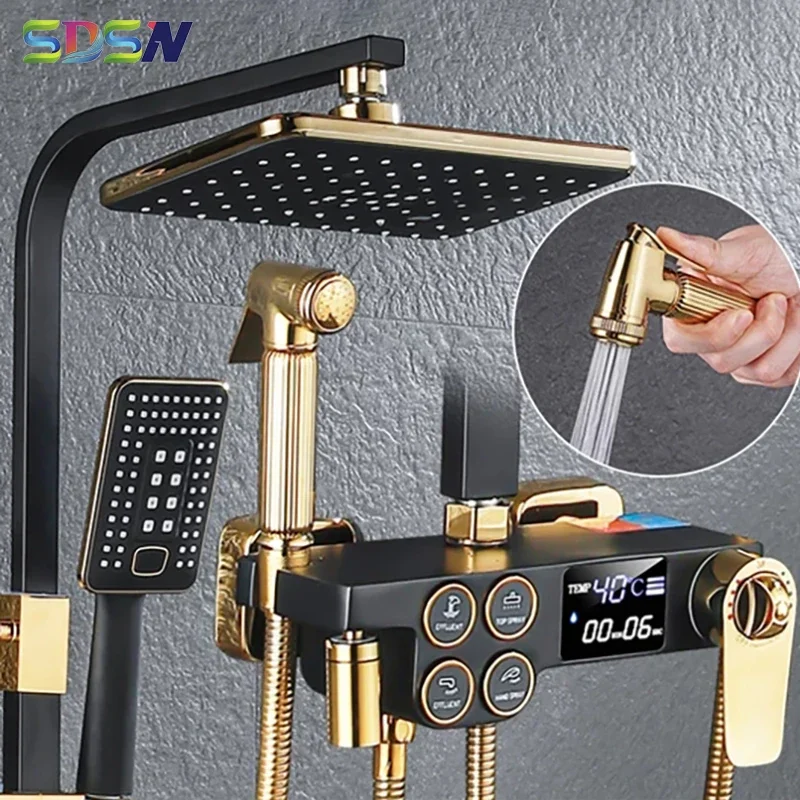 Newly Digital Shower System Set with Brass Bathtub Mixer Faucet Rainfall Shower Head Black Gold Thermostatic Bathroom Shower Set