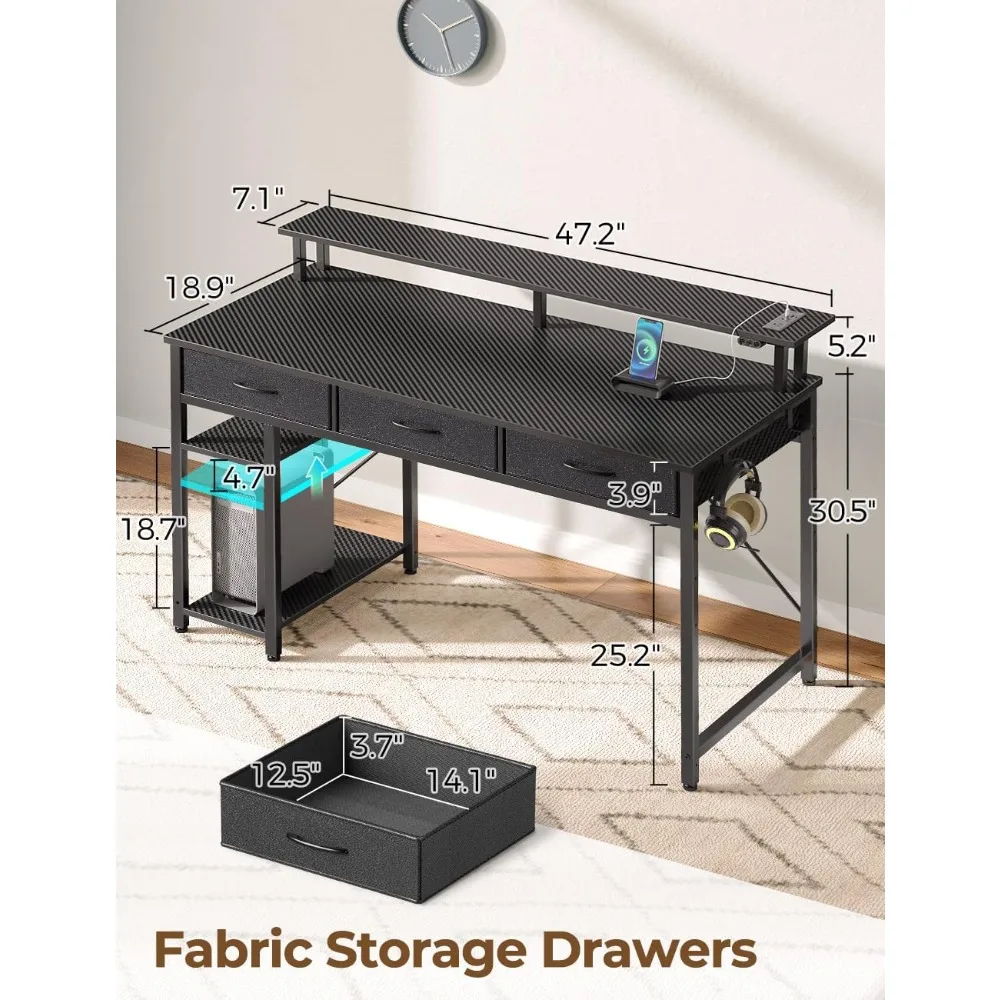 مكتب كمبيوتر مزود بمنافذ طاقة وإضاءة LED، مكتب منزلي مقاس 47 بوصة مع 3 أدراج وأرفف تخزين، - تصميم مبتكر
