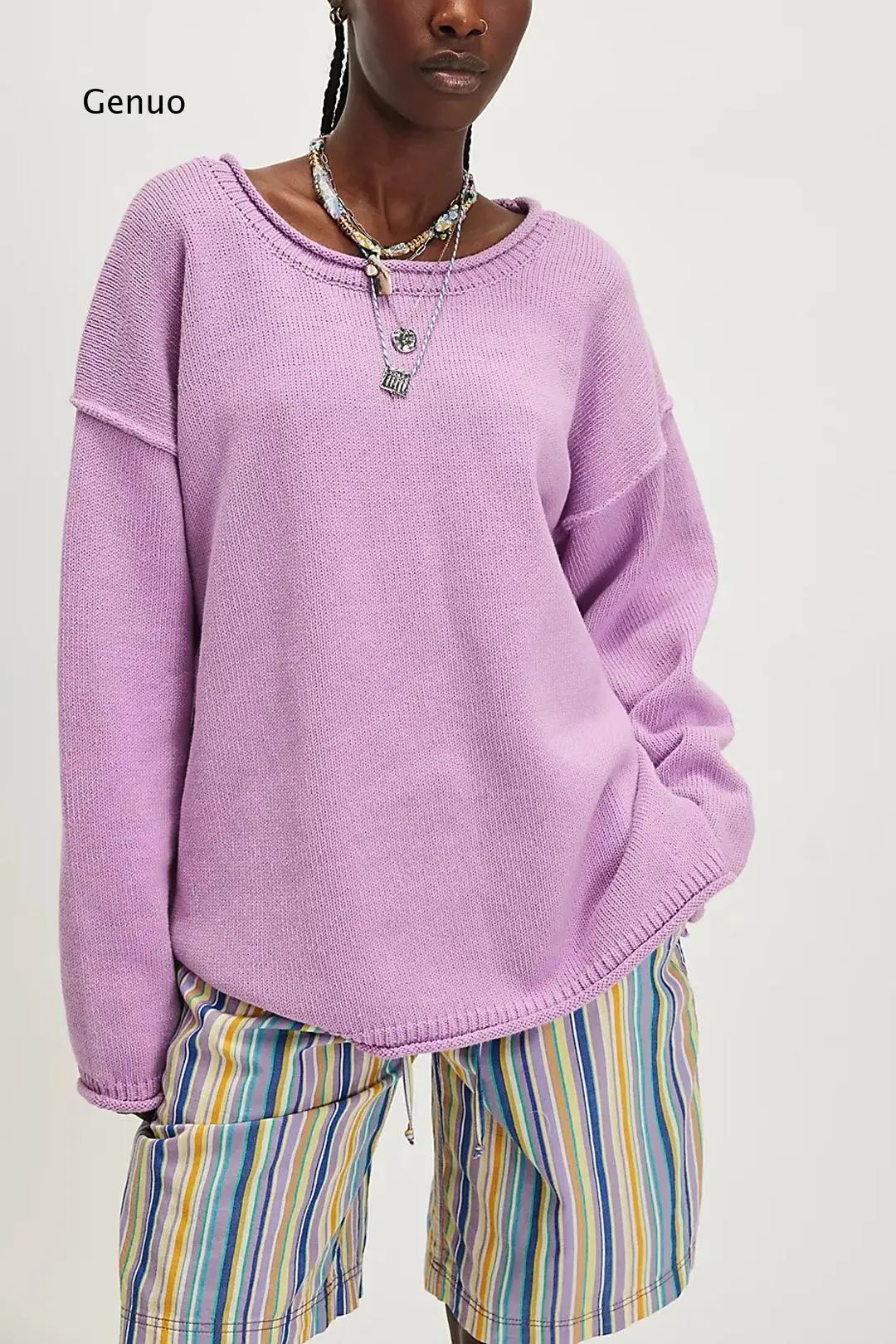 2026 Women Crew Neck Pullover Sweater Loose Fit Knit Top Ribbed Trim Casual Autumn Winter Daily Wear