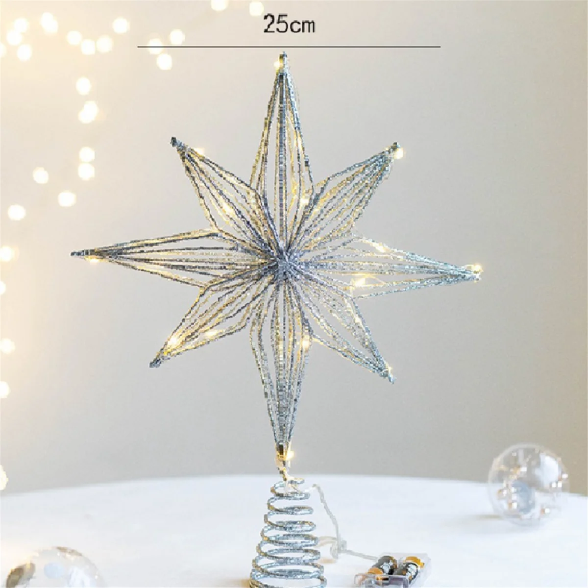 Toppers de sapin de Noël en forme d'étoile, lampe à LED, décorations de Noël pour la maison, lecture d'ornements, étoile pointue, lumière d'arbre, argent
