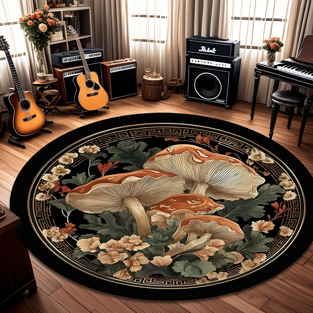 Enchanting Mushroom Round Floor Mat - Big Mushrooms & Lush Foliage on Dark Blue, Soft & Non-Slip, Magical Room Decor