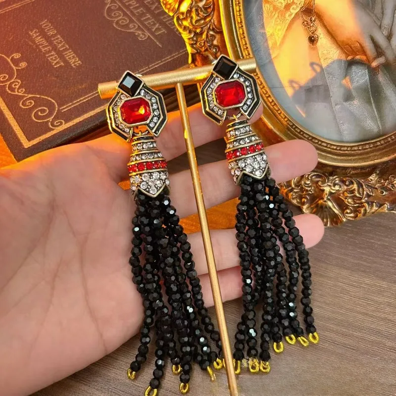 NISHIZAWA Long Tassels Earrings for Women Gemstones Vintage Hyperbole Aretes De Mujer Paalce Style Elegant Party Jewelry