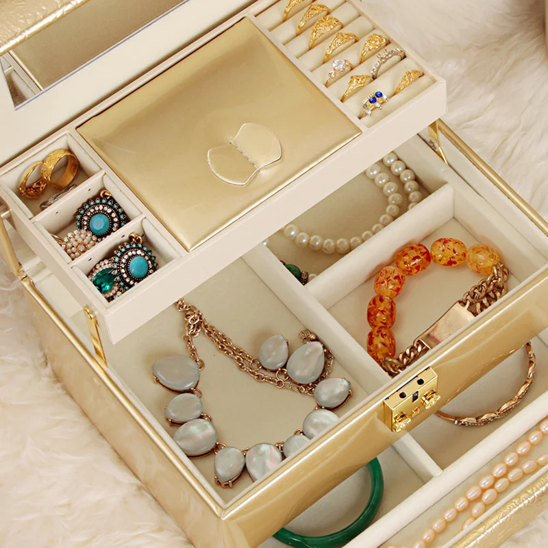 3-Layer Jewelry Storage Box with Lock for Women Watch Organizer Case with Mirror And Key