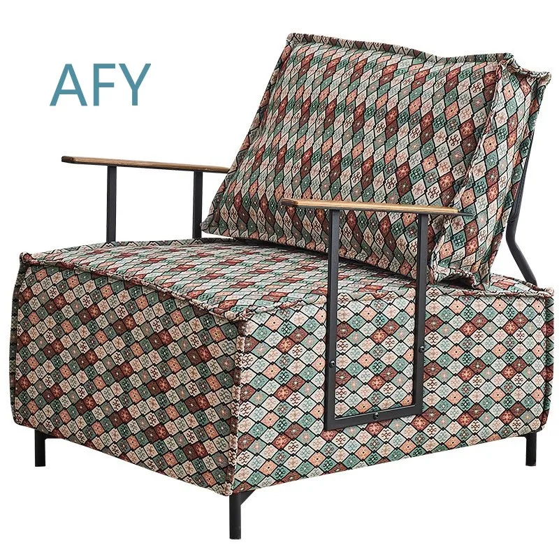 Gothic Window Plaid Cotton Linen Living Room Single Sofa for Home Leisure Wrought Iron Leg Sofa for Modern Apartment Decor