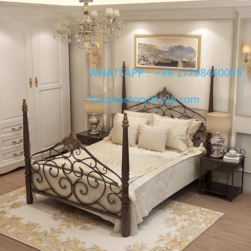 Cama doble de hierro forjado retro europea personalizable, cama de princesa, moderno, sencillo, pequeño apartamento, habitación de alquiler, cama con marco de hierro Apartm